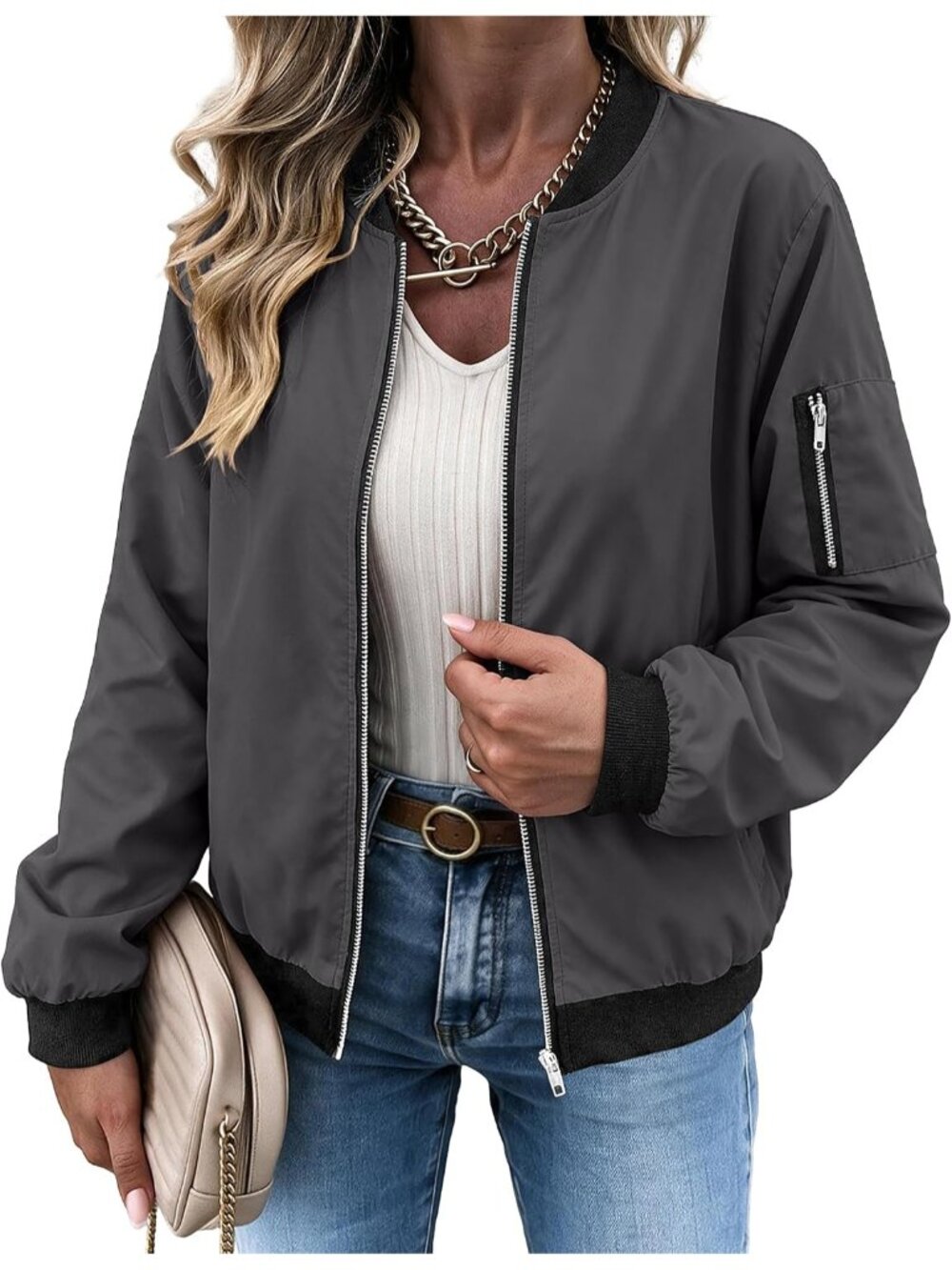 Women's Grey 100% Polyester Zip Up Utility Pocket Spring Flight Bomber Jacket
